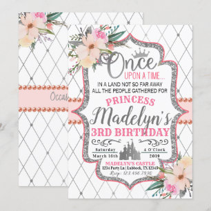 Rosa silberne Blumenprinzessin Birthday Invitation Einladung