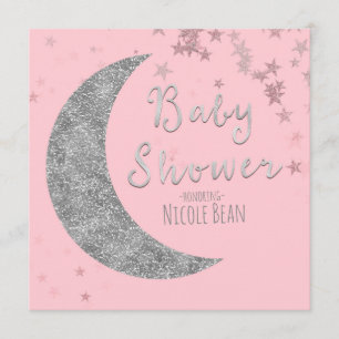 Rosa & silberne Mond- und Sterne-Babyshower-Einlad Einladung