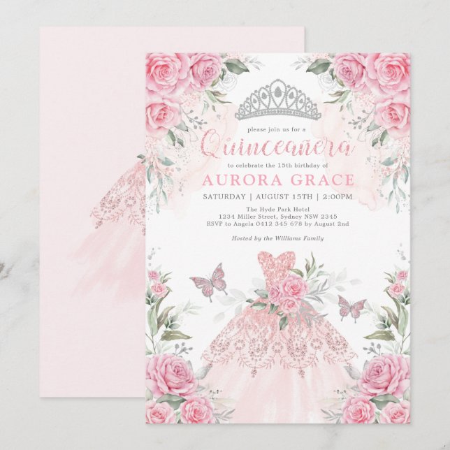 Rosa Silberne Rose Princess Crown Quinceañera Einladung (Vorne/Hinten)