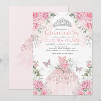 Rosa Silberne Rose Princess Crown Quinceañera Einladung