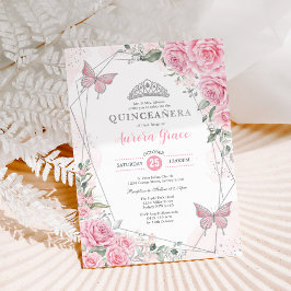 Rosa silberne Rosen Schmetterling Quinceañera Gebu Einladung