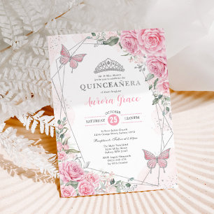 Rosa silberne Rosen Schmetterling Quinceañera Gebu Einladung