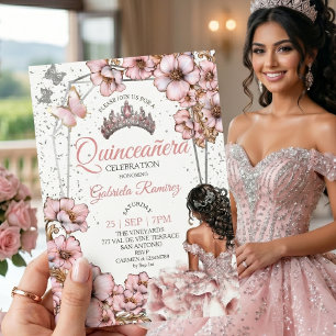 Rosa silberne Tiara Blumen Schmetterling Quinceañe Einladung