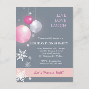 Rosa, Silberne Weihnachtsbälle Abendessen Party Einladungspostkarte