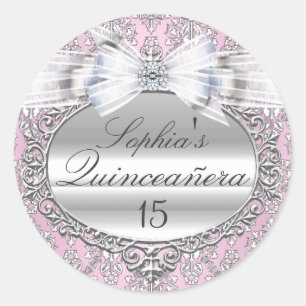 Rosa & silberner Bogen Quinceanera-Aufkleber Runder Aufkleber
