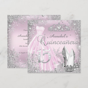 Rosa silberner Funkelkleid & Tiara Quinceanera Einladung