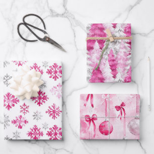 Rosa silberner Glamour-Schneeflocken-Weihnachtsbäu Geschenkpapier Set