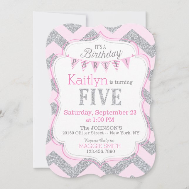 Rosa silberner Glitzer-Schein-fünfter Geburtstag Einladung (Vorderseite)