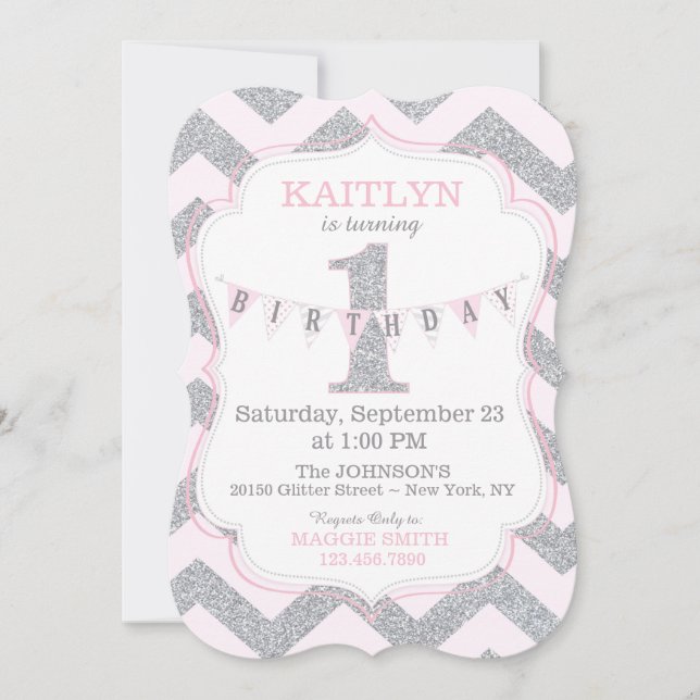 Rosa Silberner Glitzer Sparkle Erster Geburtstag E Einladung (Vorderseite)