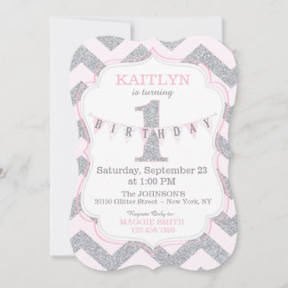 Rosa Silberner Glitzer Sparkle Erster Geburtstag E Einladung
