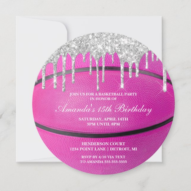Rosa Silberner Tropfen Girls Basketball Einladung (Vorderseite)
