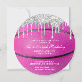 Rosa Silberner Tropfen Girls Basketball Einladung