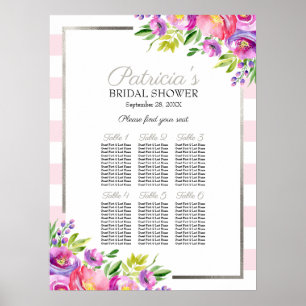 Rosa & silbernes florales Hochzeitsdusche-Sitzplan Poster