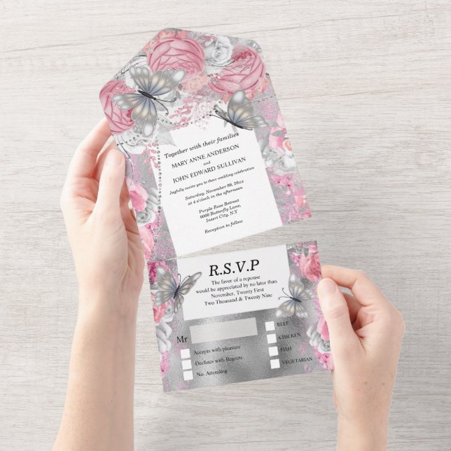 Rosa Silberschmetterling Schimmer Glitzer Erröten  All In One Einladung (Abreißen)