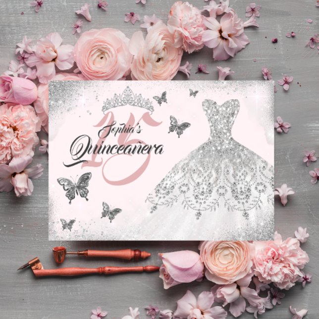 Rosa Silberschmetterling Sparkenkleid Quinceanera Einladung (Von Creator hochgeladen)