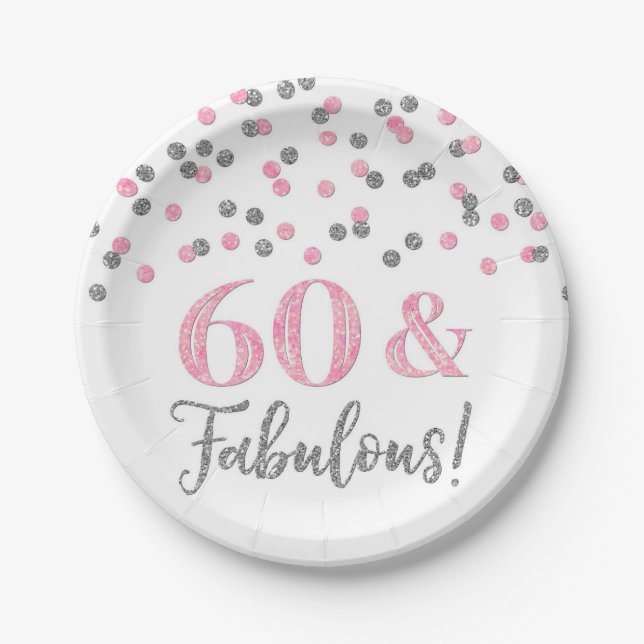 Rosa Silver Confetti 60 und fabelhaft Pappteller (Vorderseite)