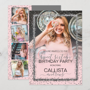 Rosa Silver Confetti Border Foto Sweet 16 Einladung