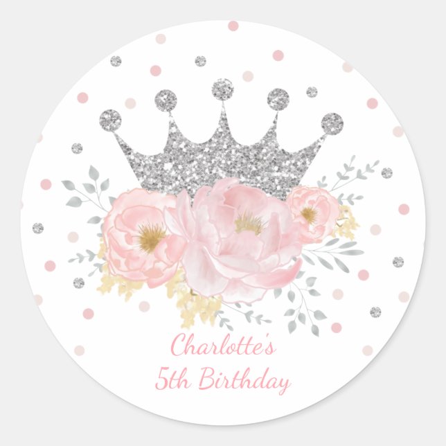 Rosa Silver Crown Princess Floral Birthday Girl Runder Aufkleber (Vorderseite)
