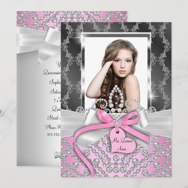 Rosa Silver Diamant Bow Foto Quinceanera Einladung (Vorne/Hinten)