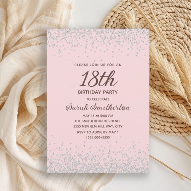 Rosa Silver Diamond Glitzer 18. Geburtstag Einladung (Elegant blush pink 18th birthday party invitation with silver glitter)