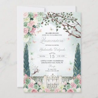 Rosa Silver Fairy Verzauberter Garten Quinceanera Einladung