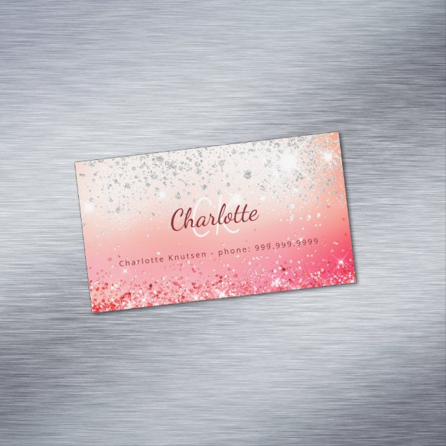Rosa Silver Glitzer Monogramm Magnetische Visitenkarte (Beispiel)