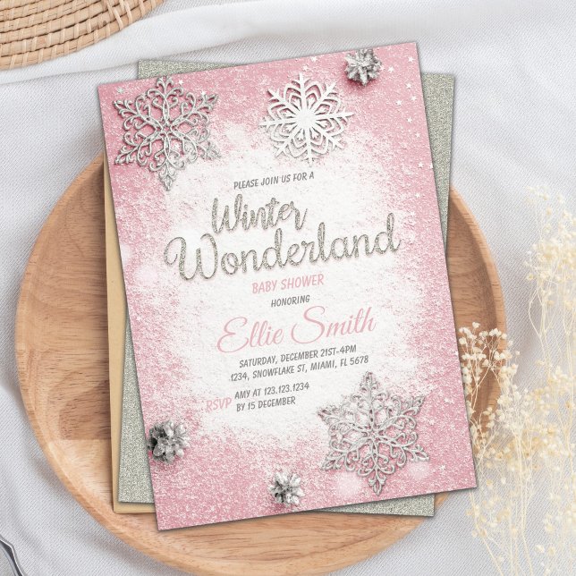 Rosa Silver Glitzer Winter Baby Dusche Einladungen (Pink Silver Glitter Winter Baby Shower Invitations)