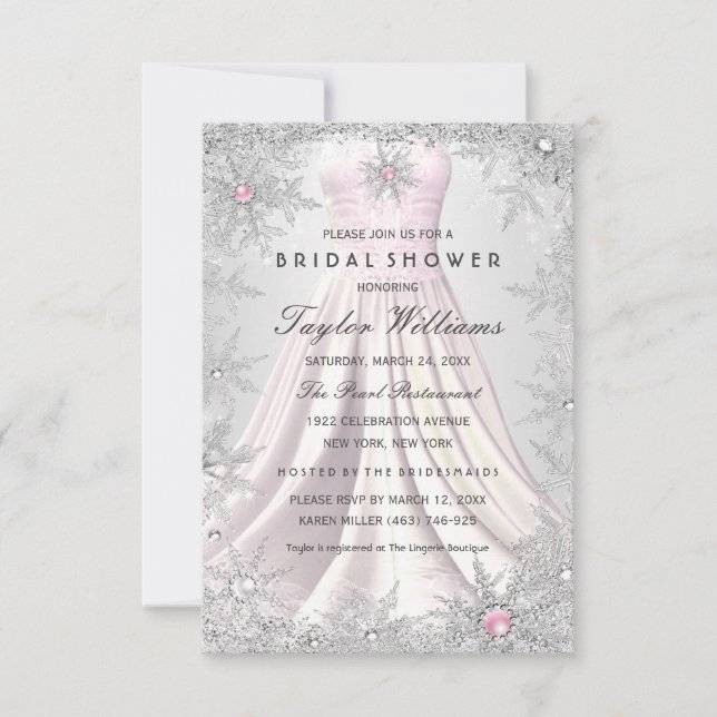 Rosa Silver Jewel Snowflake Brautparty Kleid RSVP Karte (Vorderseite)