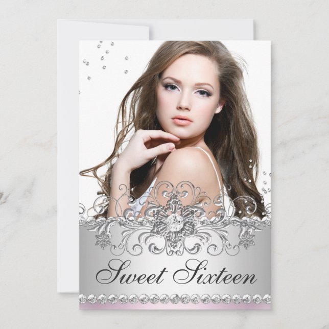 Rosa & Silver Jewel Snowflake Swirl Sweet 16 Foto Einladung (Vorderseite)
