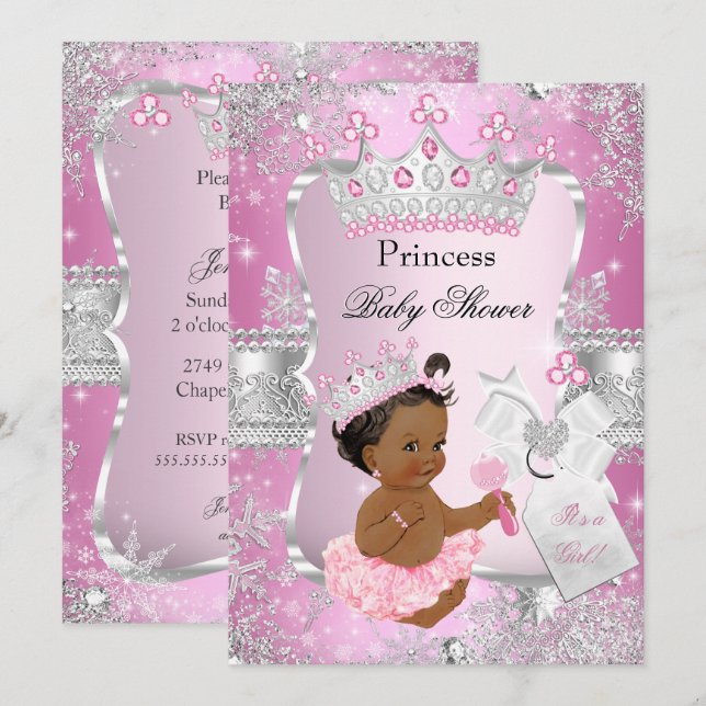 Rosa Silver Princess Baby Dusche Ethnisch Einladung (Vorne/Hinten)