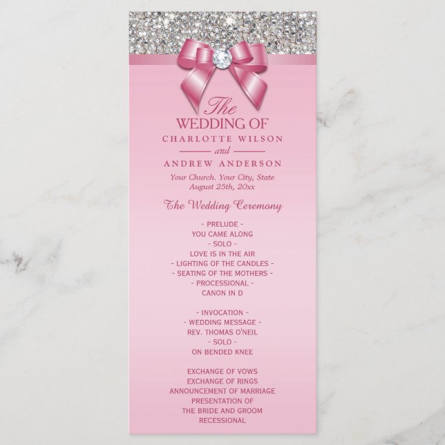 Rosa Silver Sequin Diamond Bow Wedding Program Programm (Vorderseite)