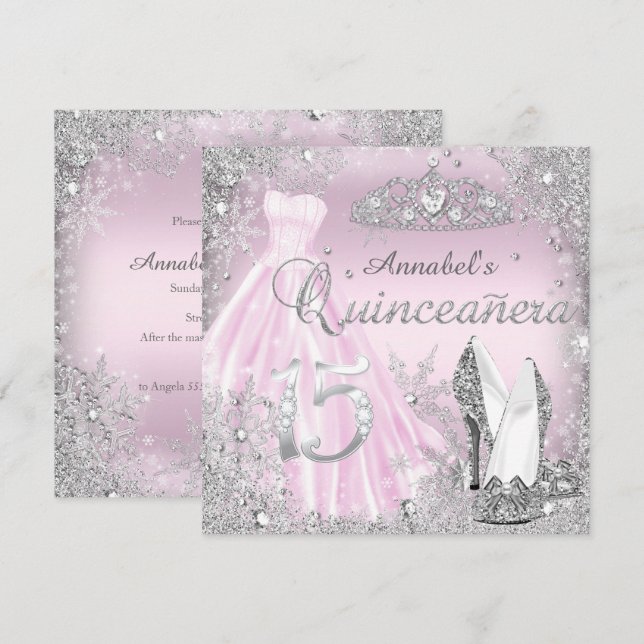 Rosa Silver Sparkle Dress & Tiara Quinceanera Einladung (Vorne/Hinten)