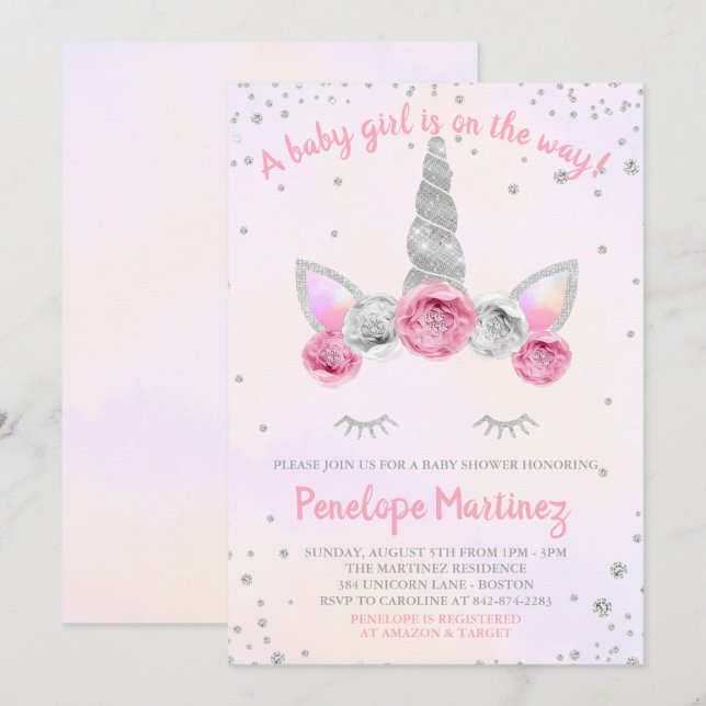 Rosa Silver Unicorn Gesicht Babydusche Einladung (Vorne/Hinten)