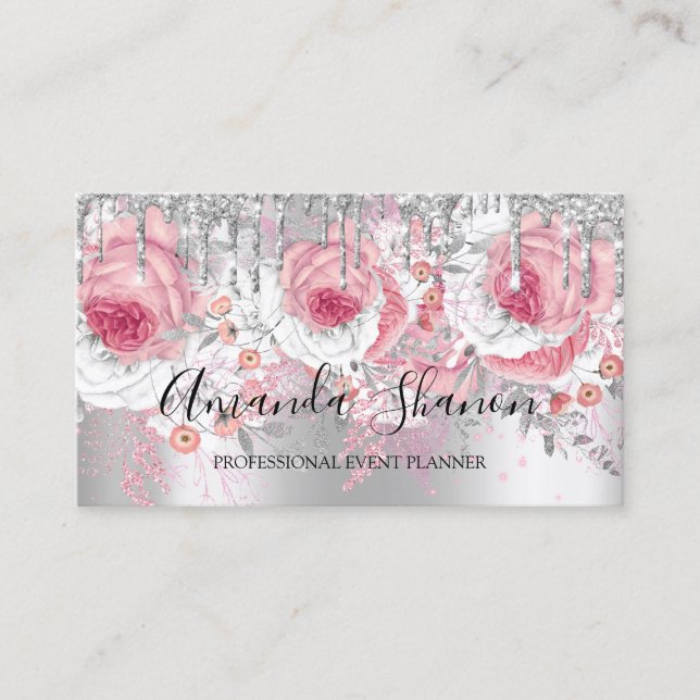 Rosa Silver White Glitzer Tropfen Logo Event Plane Visitenkarte (Vorderseite)