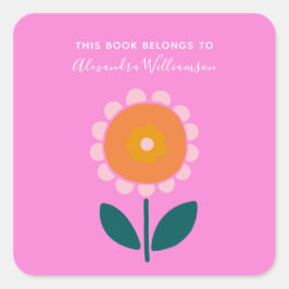 Rosa skandinavische Blume Personalisiertes Buchzei Quadratischer Aufkleber