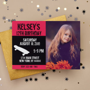 Rosa Skateboard Geburtstag, Skate Board, Girl Einladung