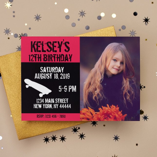 Rosa Skateboard Geburtstag, Skate Board, Girl Einladung (Von Creator hochgeladen)