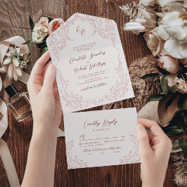 Rosa Sketch Vintage Mongram-Hochzeit Geblüht All In One Einladung