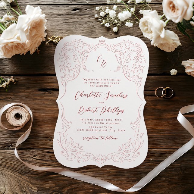 Rosa Sketch Vintage Mongram-Hochzeit Geblüht Einladung (Pink Sketched Vintage Flourish Monogram Wedding Invitation)