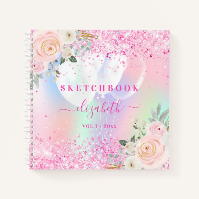 Rosa Sketchbok-Florale holografische Glitzer Name Notizbuch (Vorderseite)