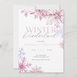 Rosa Snowflake Winter Onederland Geburtstag Einlad Dankeskarte