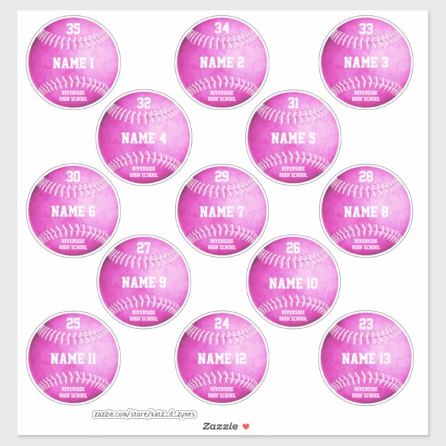 Rosa Softballs Set von 13 Namen von Spielern Aufkleber (Blatt)