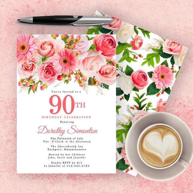 Rosa Sommer Floral Hübsch 90. Geburtstag Einladung (Von Creator hochgeladen)