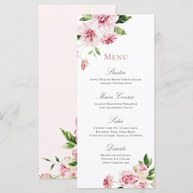 Rosa Sommer Floral Romantisches Brautparty  Menükarte (Vorne/Hinten)