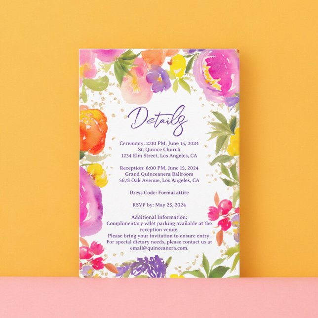 Rosa Sommer florale Wasserfarben Details Quinceane Begleitkarte (Pink summer floral watercolor details Quinceanera Enclosure Card)