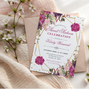 Rosa Sommerblumen und Rahmen Sweet 16 Einladung