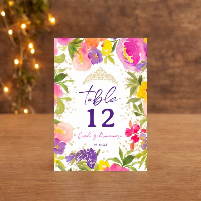 Rosa Sommerblumengold Quinceanera Tischnummer (Pink summer floral watercolor gold Quinceanera Table Number)