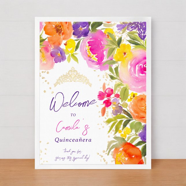 Rosa Sommerblütenfarbe Quinceanera Empfang Poster (Pink summer floral watercolor Quinceanera welcome Poster)