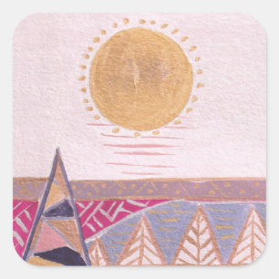 Rosa Sommerlandschaft, Folkart, Aquarell Quadratischer Aufkleber