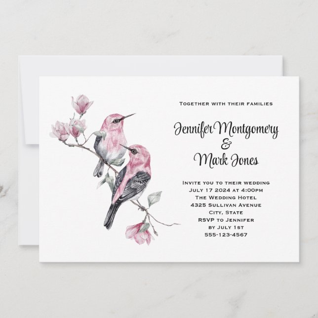 Rosa Songbirds auf einer Hochzeit der Baumzweige Einladung (Vorderseite)
